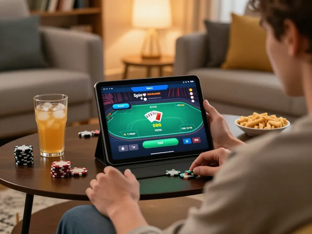 SpinAdvisor user calculating poker strategies while enjoying a cozy home game night.