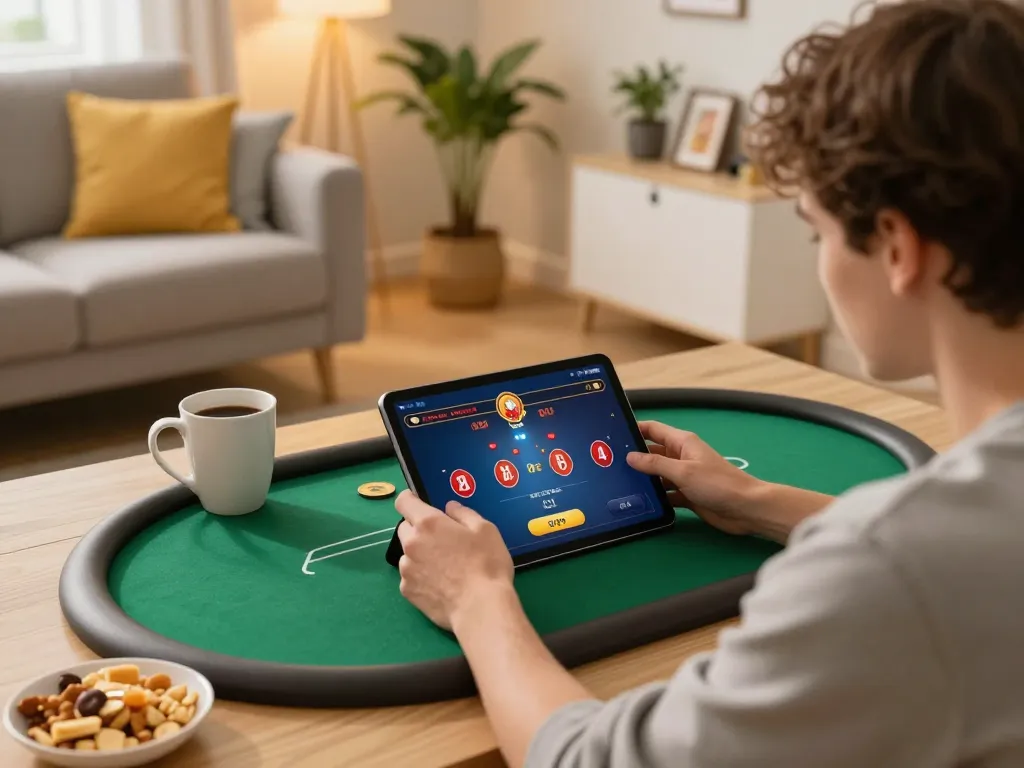 Jun88 player engaged in online poker strategy, showcasing vibrant home gaming atmosphere.