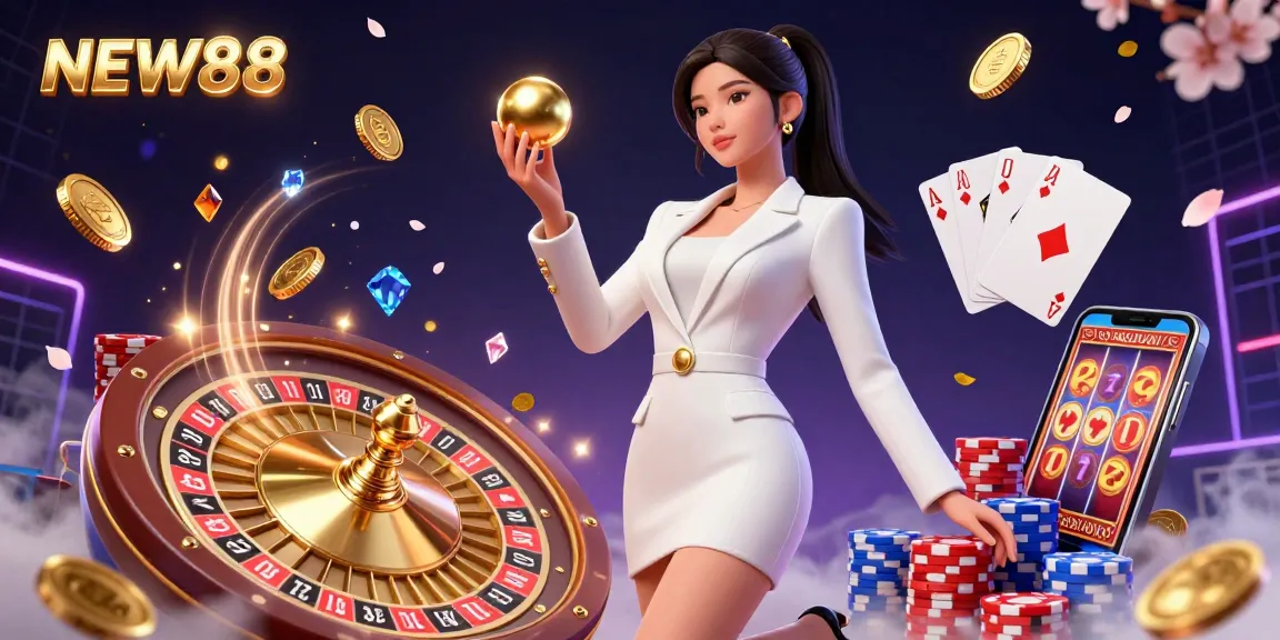 Experience the excitement of NEW88 with this vibrant casino-themed illustration, featuring dynamic gaming elements and luxury.