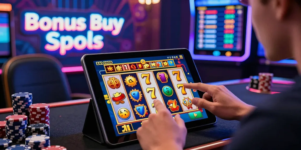 Engaging player activating bonus buy slots on a tablet at https://palacetrust.org.uk/ in a vibrant casino atmosphere.