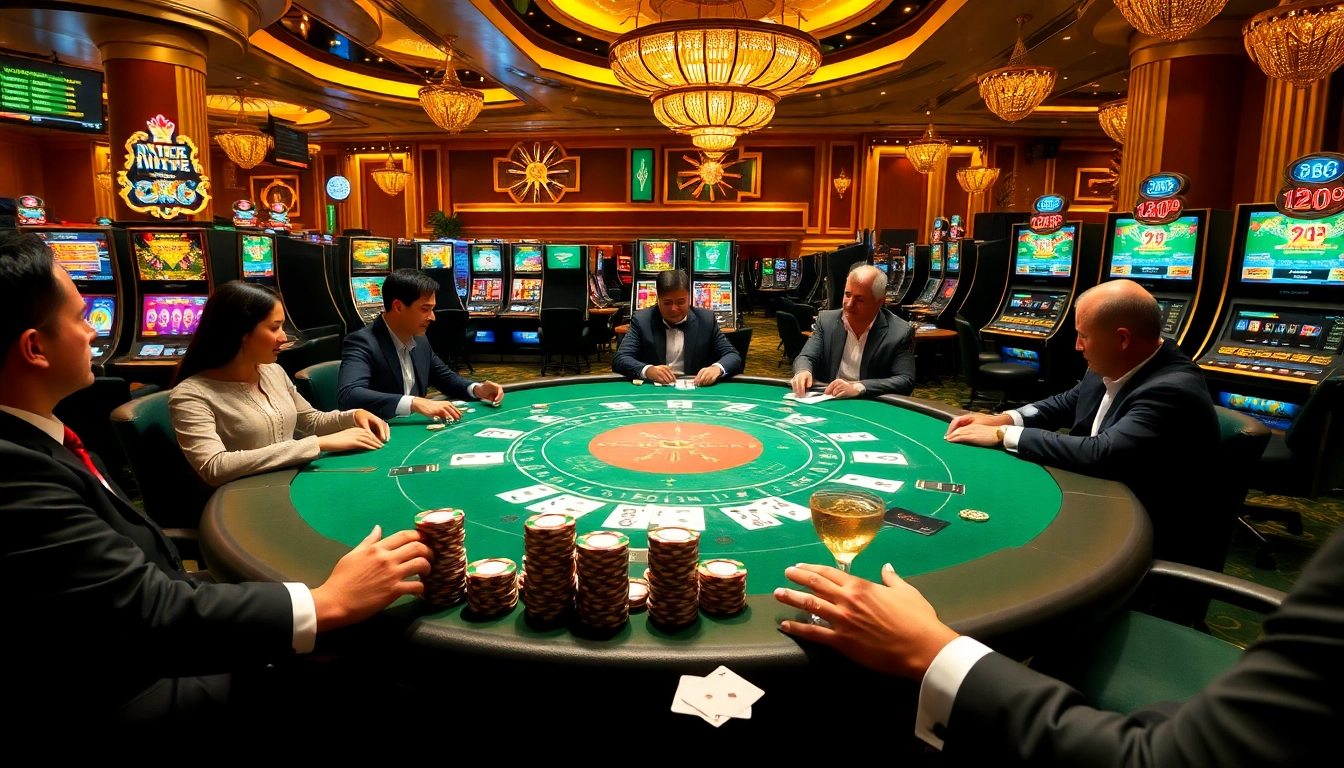 Engage in high-stakes poker at LC88's luxurious casino, surrounded by vibrant slot machines and roulette tables.