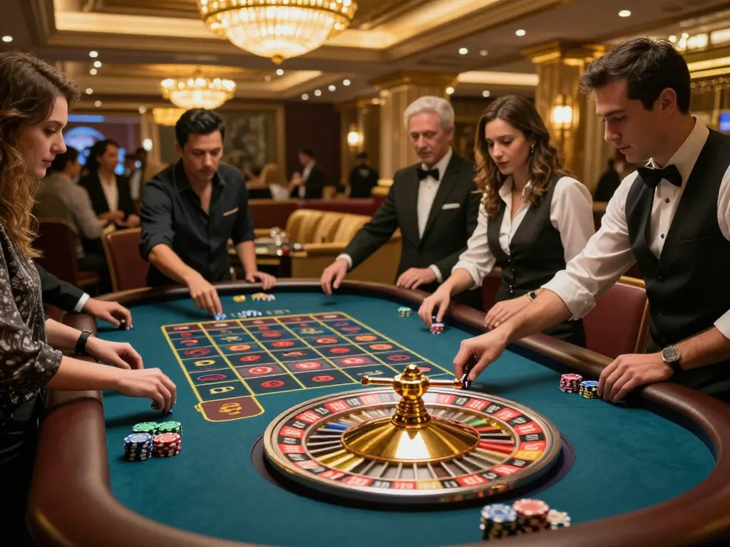 Players placing bets at roulette table at casino, showcasing casinosscope of excitement and anticipation in high-stakes environment.