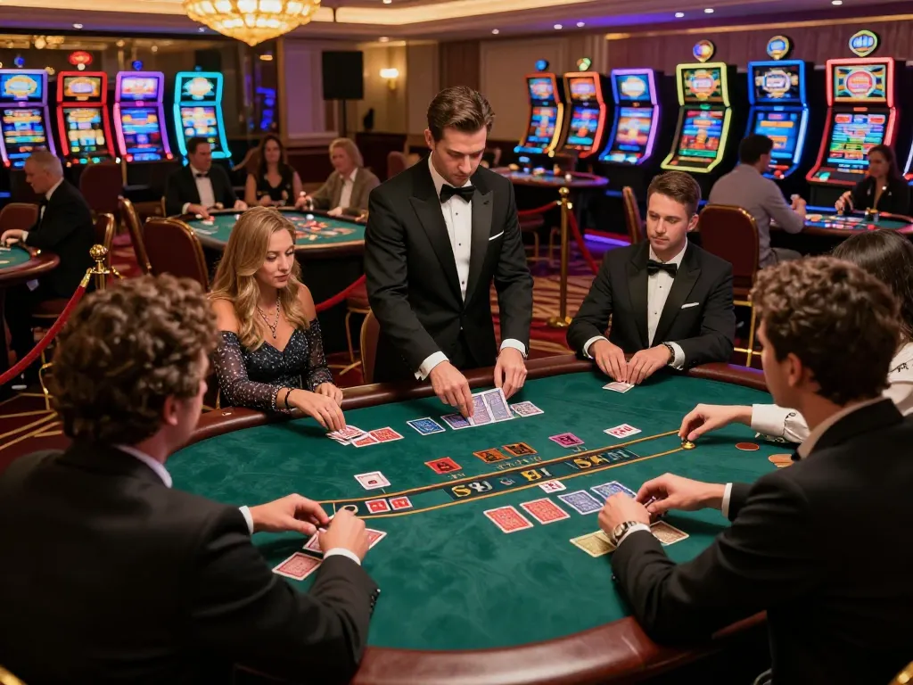 CM88 blackjack table action with players placing bets and dealer managing cards