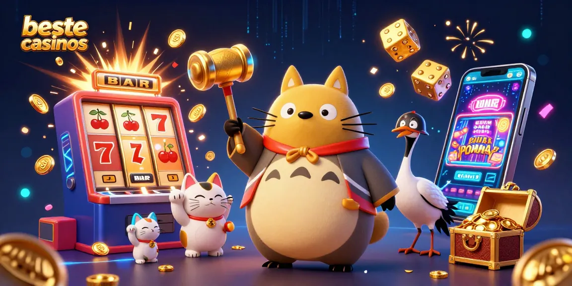 Spin and win at beste online casinos with vibrant characters, slot machines, and jackpot action.
