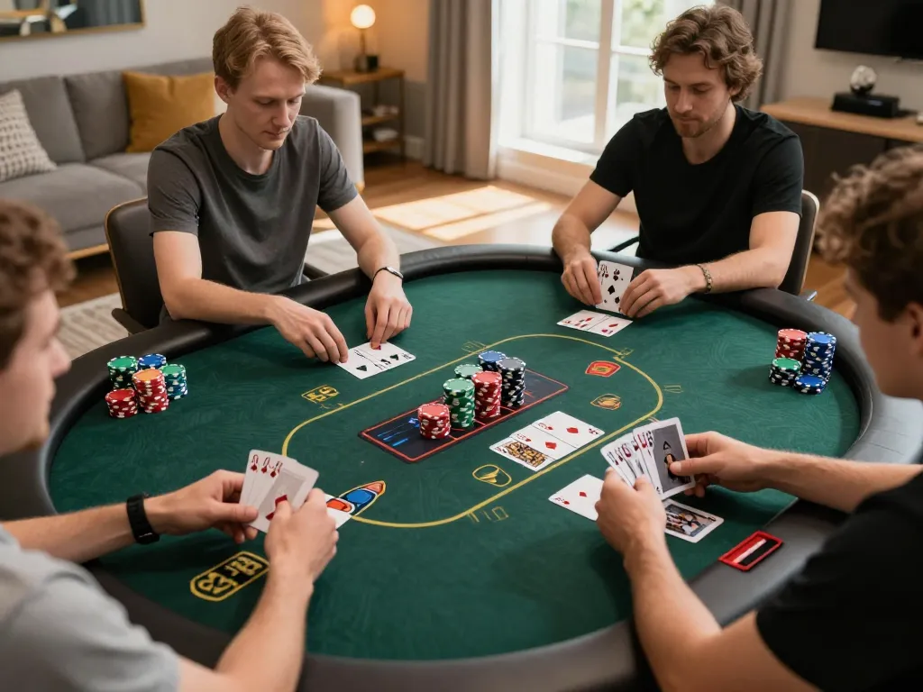 Engaging online poker game featuring TT88 brand with players and colorful chips in a cozy setting