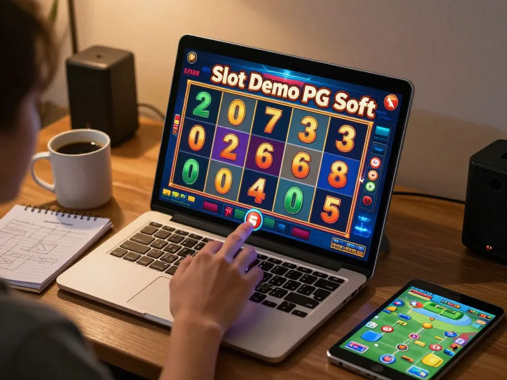 Pemain yang terlibat memutar gulungan Slot Demo PG Soft di tablet saat malam bermain yang nyaman.