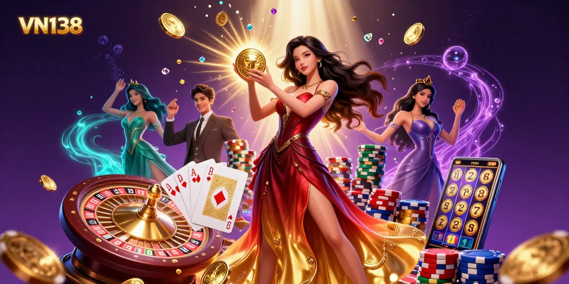 Experience thrilling gameplay with VN138 as a gorgeous woman presents a golden coin amidst a vibrant casino scene.