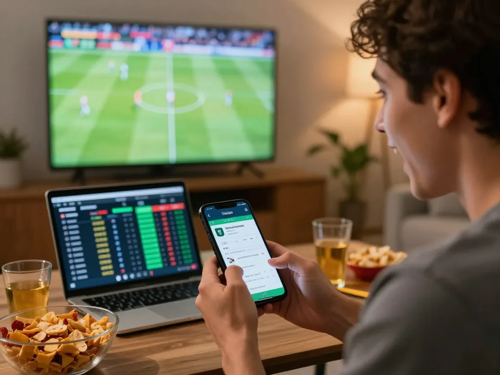 Lương Sơn TV live betting enthusiast engaged while watching football match at home, excitedly using mobile app.