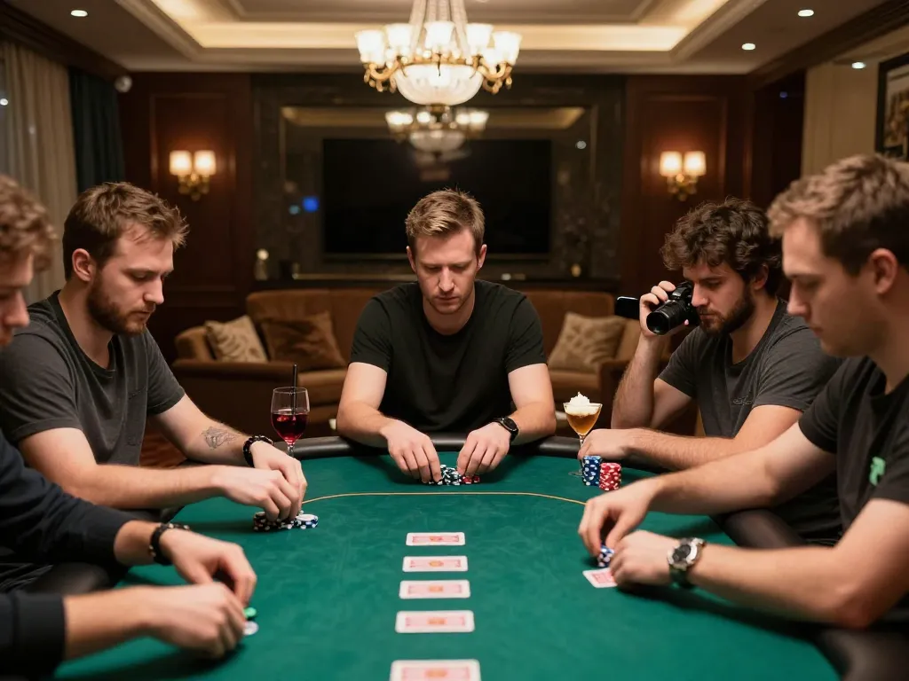 Players enjoying strategic gameplay at a sophisticated Domino88 poker table, featuring vibrant chips and cards.