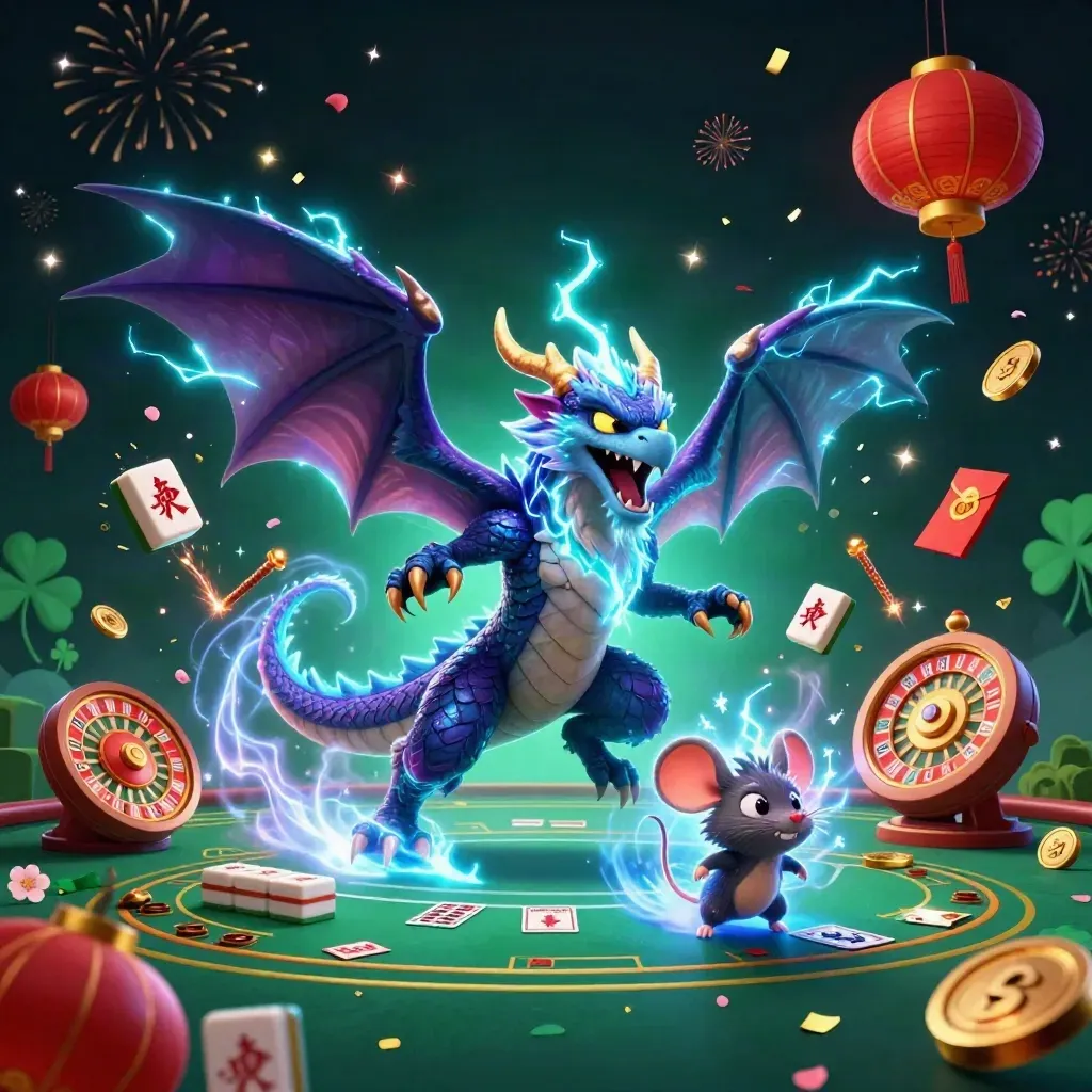 Thunder dragon, wind hawk, and crackling mouse amid casino treasures in neon cosmic chaos.