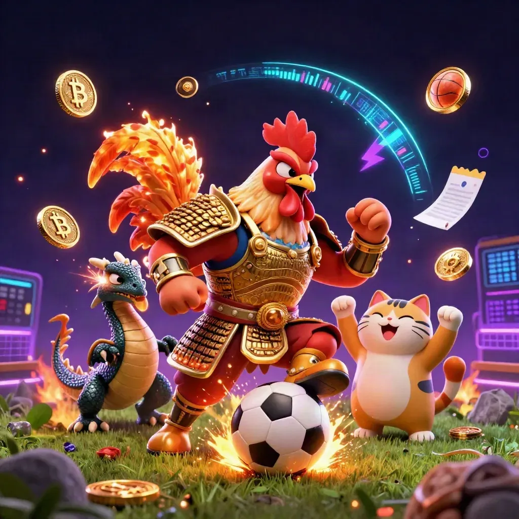 Rooster samurai, dragon hatchling and fortune cat explode around a neon soccer ball at ground level.