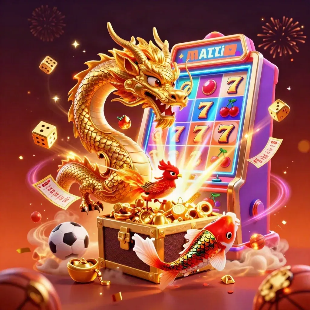 Golden dragon with phoenix and koi amid slot rays, dice, and casino sports props.