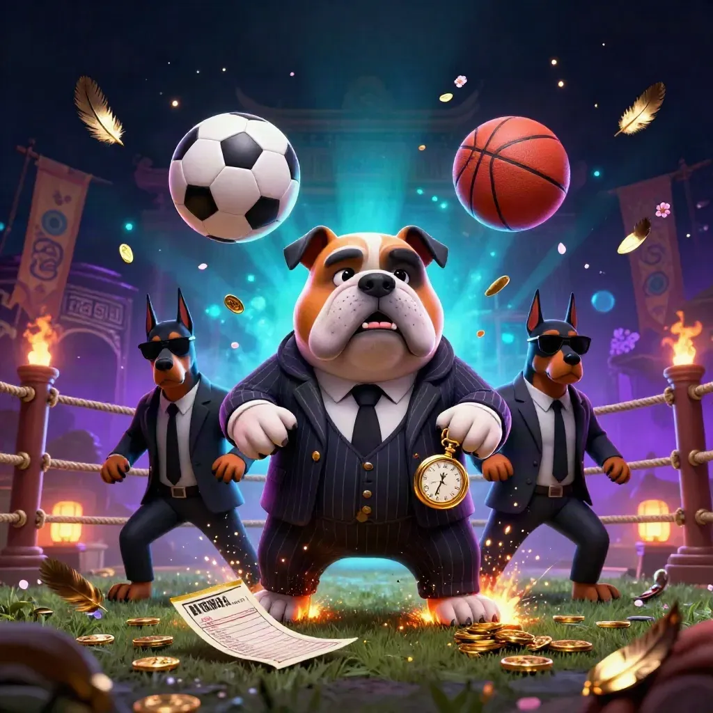 Neon casino bulldog boss with two Dobermans, flying balls, coins, and cosmic temple-ring glow.