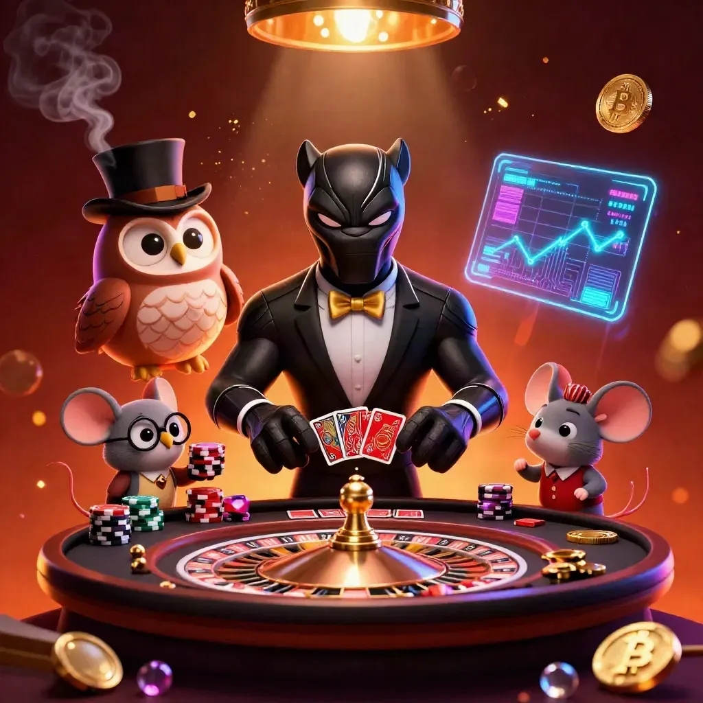 Panther, owl, and mouse at a glowing casino table with neon crypto accents