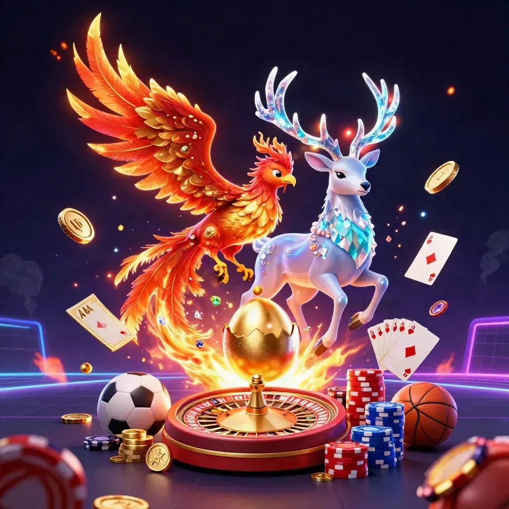 Phoenix, stag, egg, coins, chips, balls, and neon casino magic on dark cosmic background