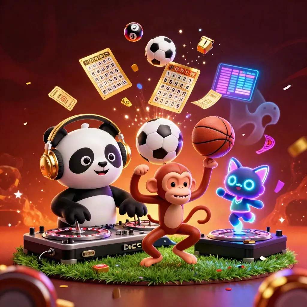 Neon casino mascots and sports balls explode in a fiery, confetti-lit space-casino scene.
