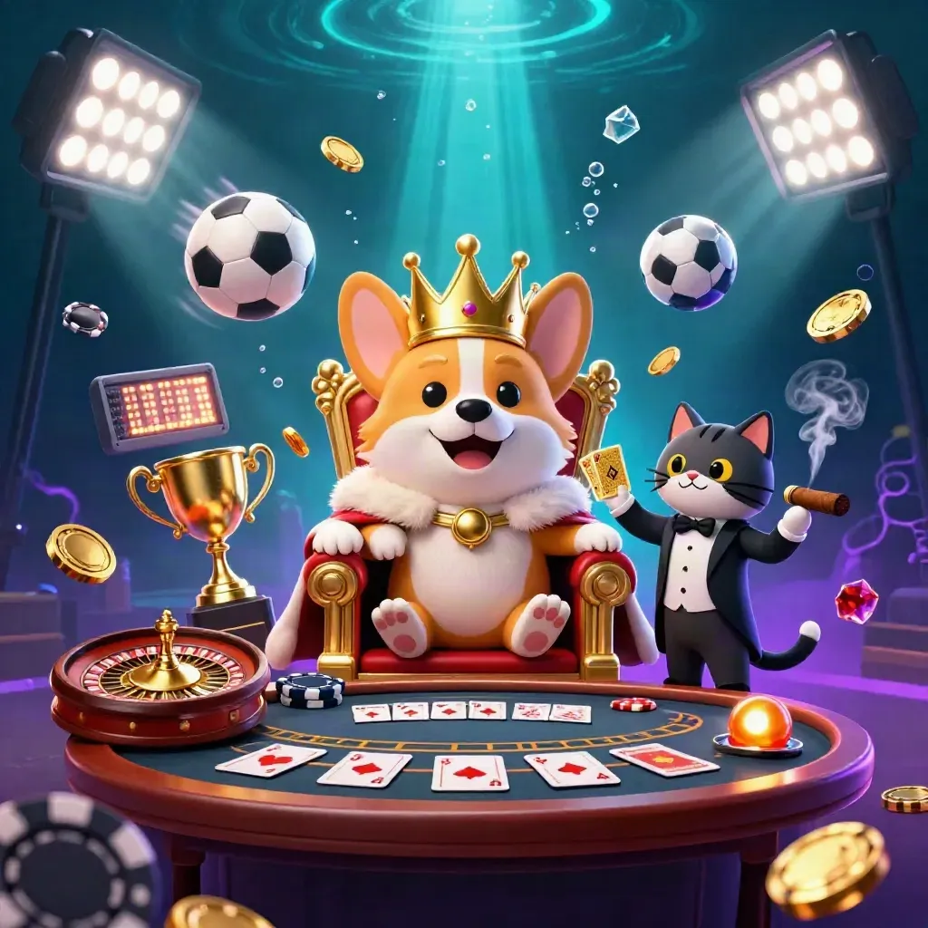 Royal corgi and cat butler in a neon casino with sports balls, trophy, and underwater glow.