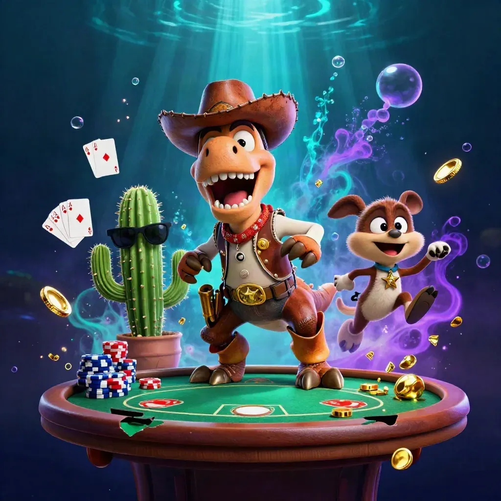 Cowboy T-Rex, cactus sidekick, and sheriff roadrunner explode over a neon underwater poker table.