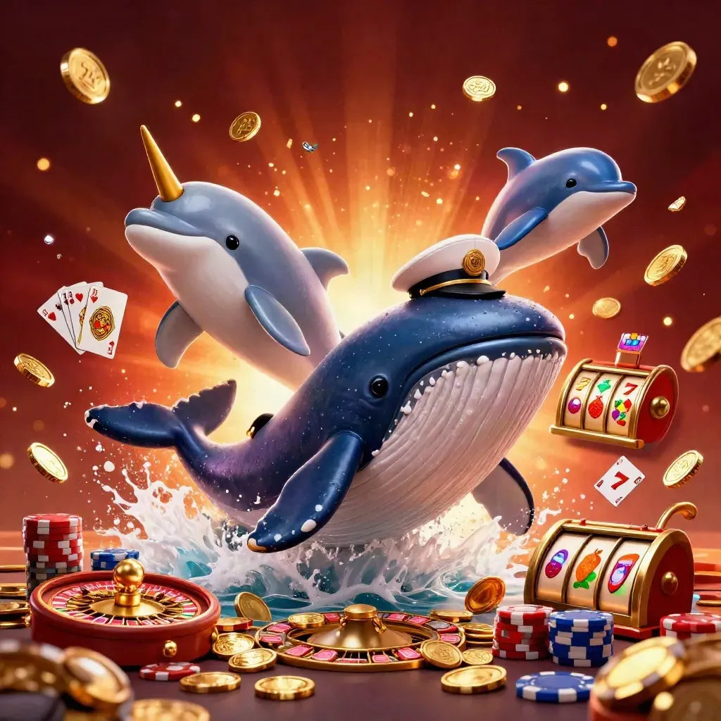Whale captain, narwhal, and dolphins burst through coins with casino treasures.