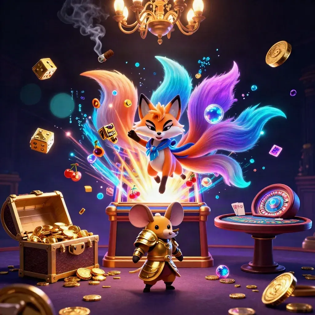 Nine-tailed fox spirit and samurai mouse amid casino magic, gold, and neon slot bursts.