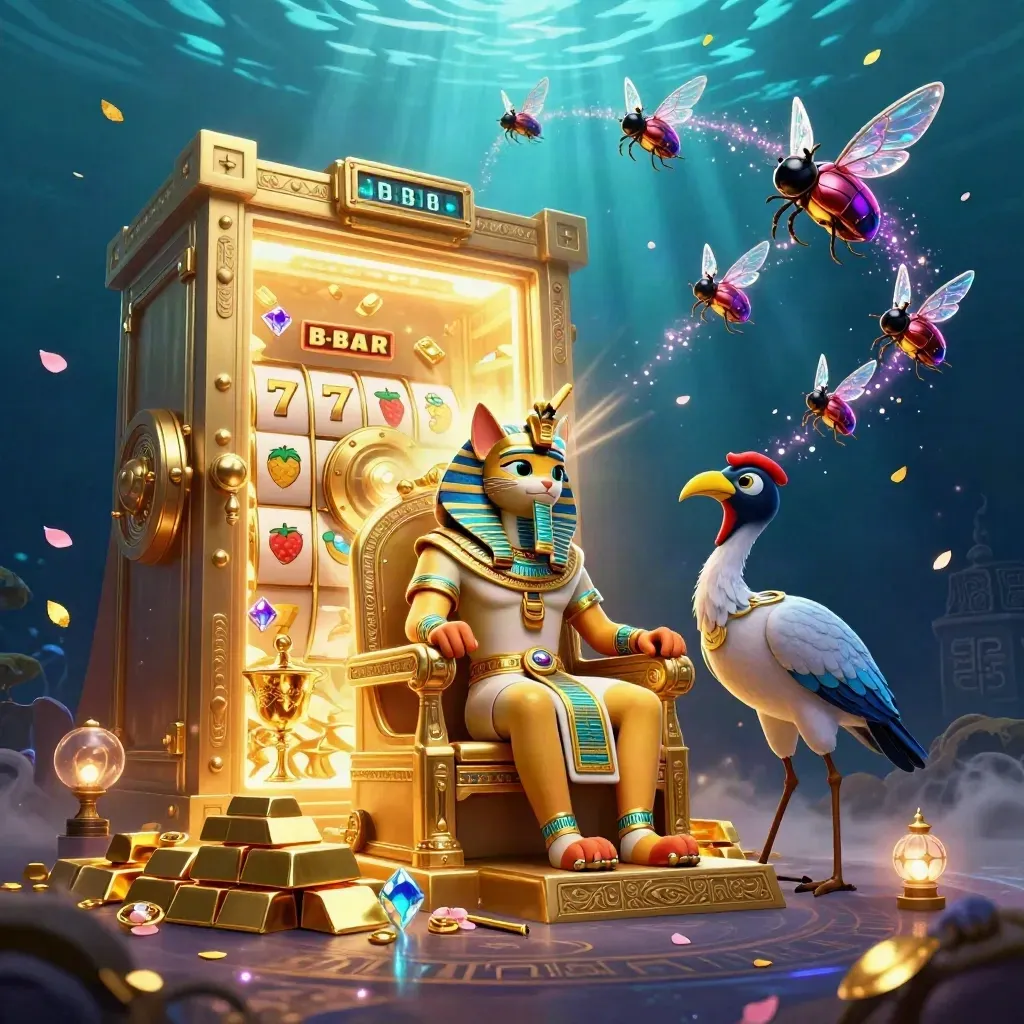 Pharaoh cat, ibis scribe, and gem-wing scarabs burst from a glowing treasure vault