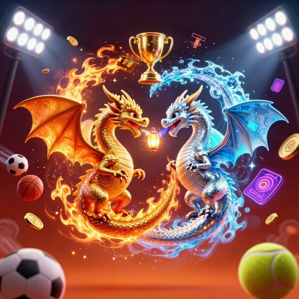 Gold and silver dragons spiral with fire and ice, balls, trophy, coins, and neon cosmic glow.