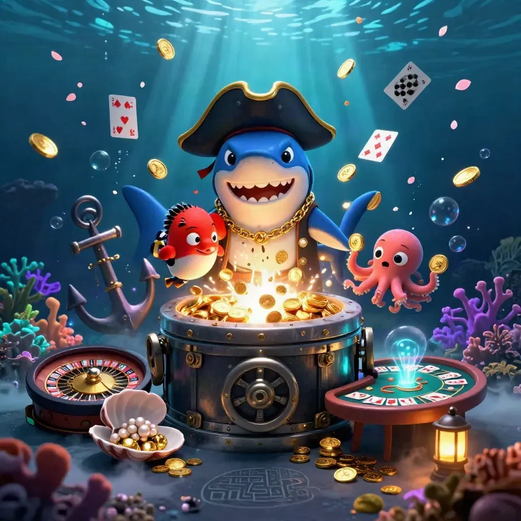 Pirate shark, boxing pufferfish, and coin-juggling baby octopus in a neon underwater jackpot burst.