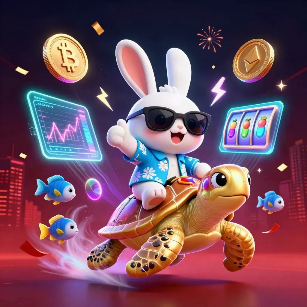 Lucky rabbit rides a gold sea turtle amid cyan crypto effects, confetti, and fireworks.