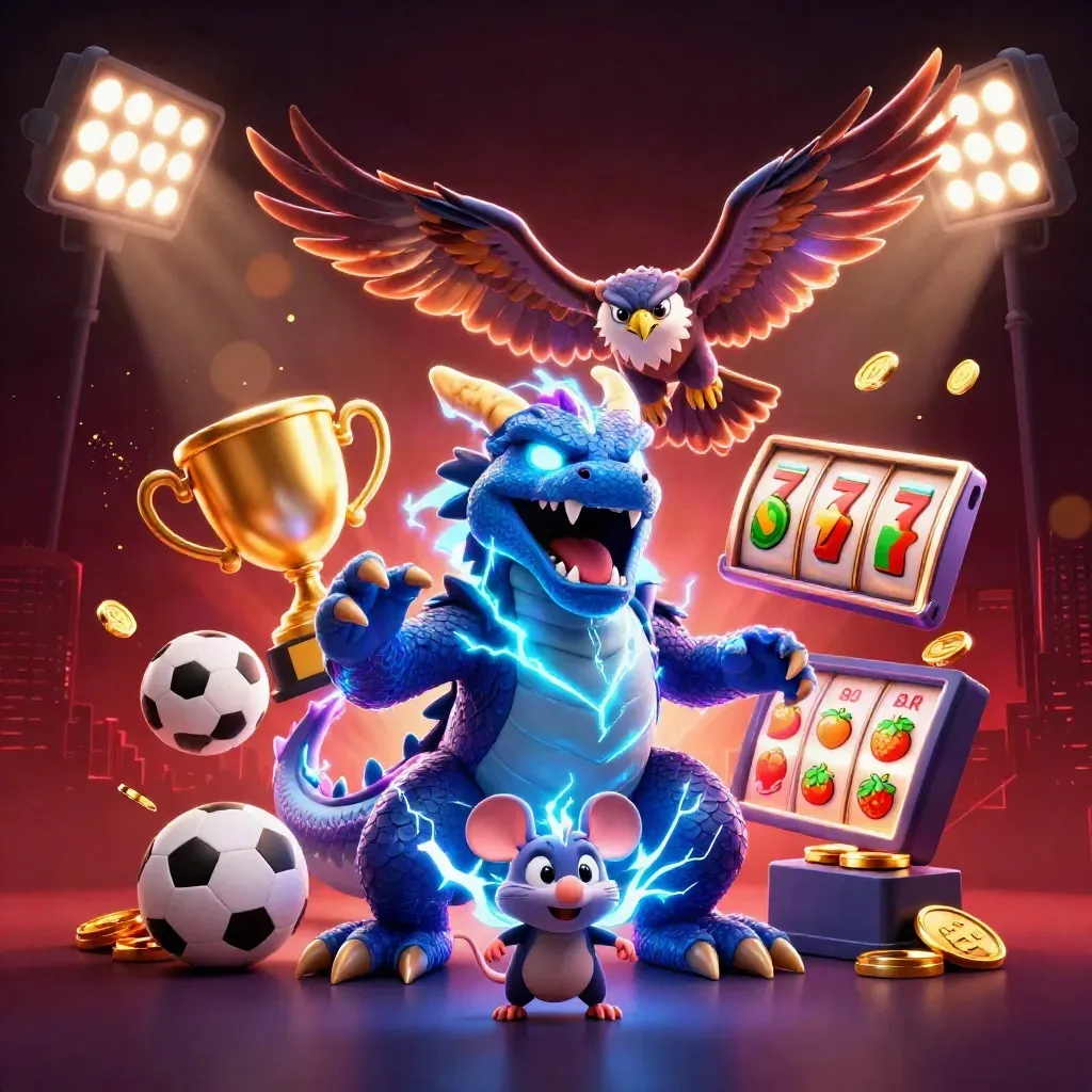 Thunder dragon, wind hawk, and static mouse amid casino sports icons and neon lightning.