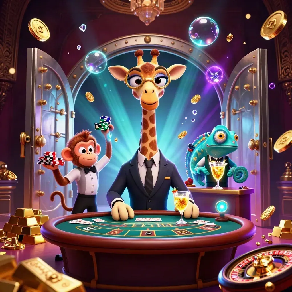 Giraffe, monkey, and chameleon amid bursting vault gold and neon casino lights.