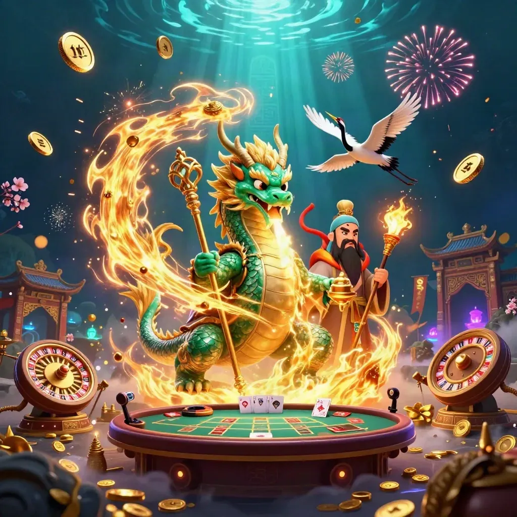 Emerald dragon, turtle sage and cranes in a neon casino vault blast with coins and fireworks