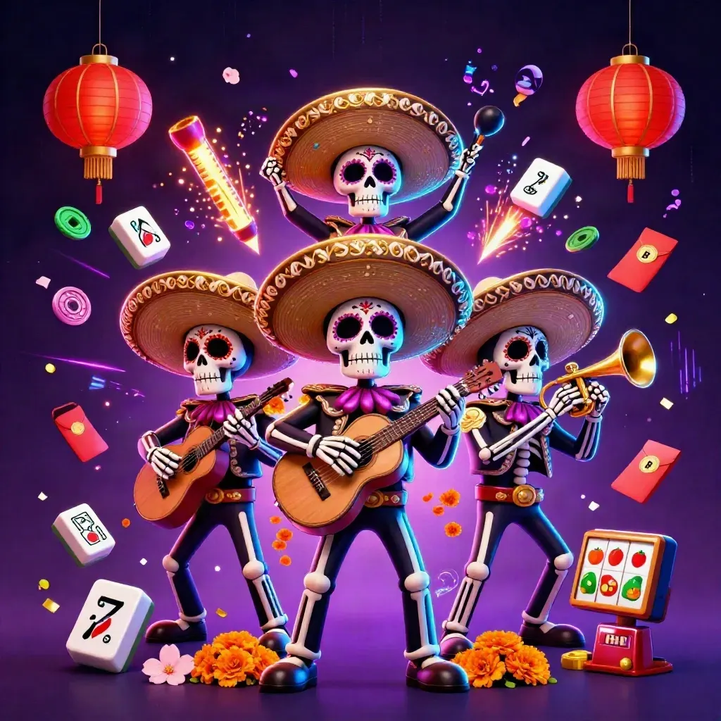 Three skeleton mariachi heroes amid casino symbols, lanterns, coins, fireworks, and neon space effects.