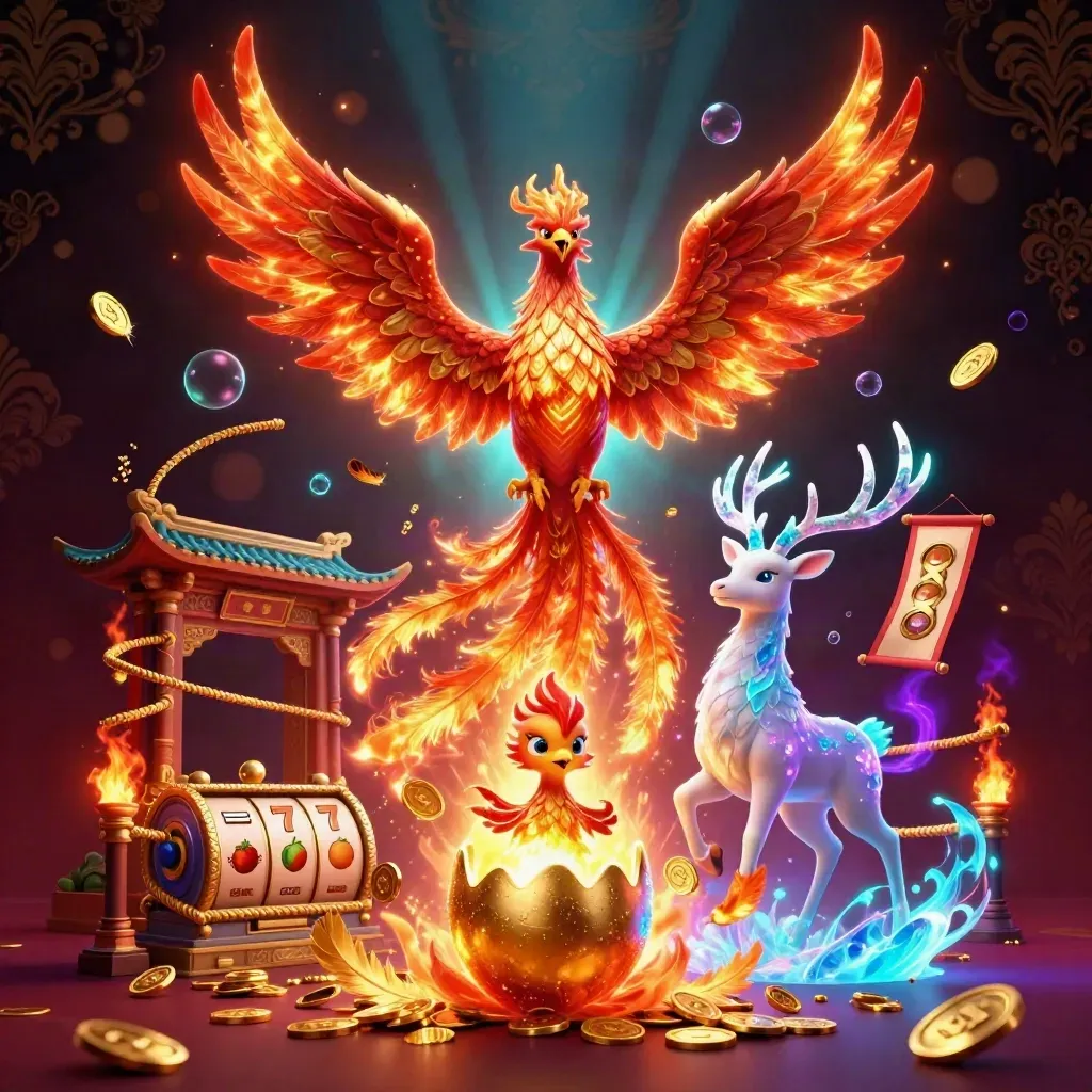 Phoenix, baby phoenix, and crystal-antler stag amid casino reels, coins, and cosmic glow.