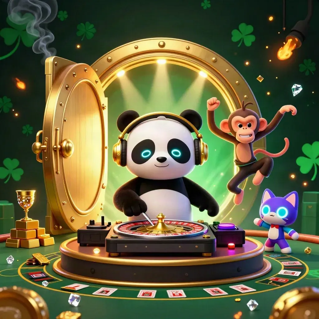 DJ panda, dancing monkey and rave kitten amid gold vault, roulette spin, gems and neon casino lights.