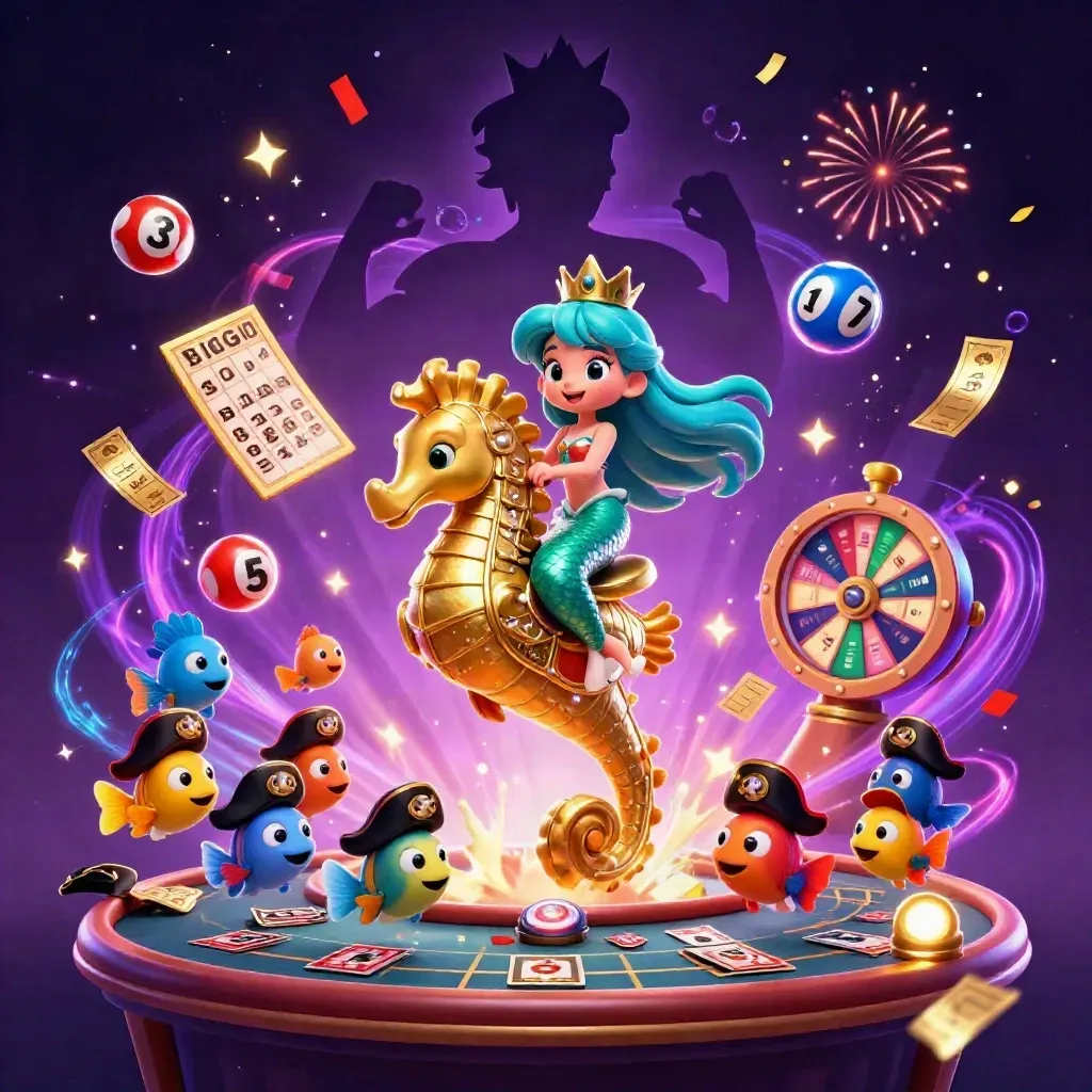 Mermaid princess on armored seahorse amid casino tokens, lottery balls, and neon sparks.