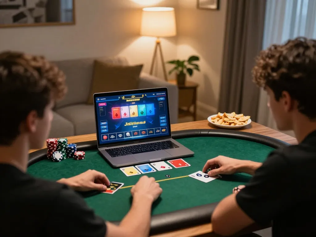 Jilipinas online gaming scene with a player engaged in poker action at home, illuminated game interface on laptop.