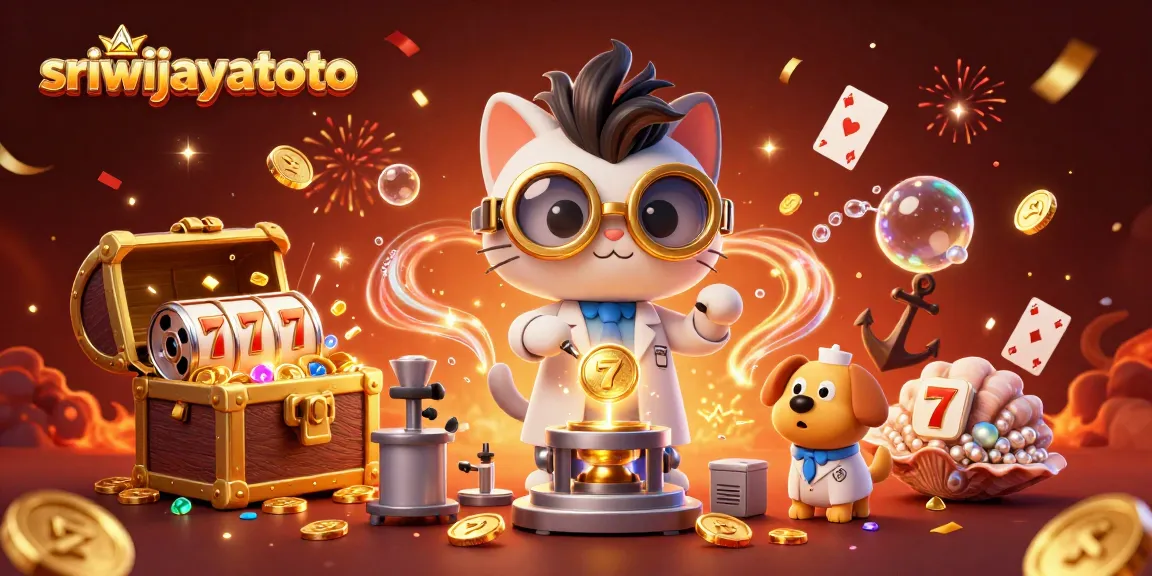 Sriwijayatoto showcases a lively casino scene with a mad scientist cat and assistant crafting gold coins amidst slots and treasures.