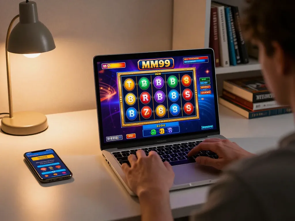 Person enjoying MM99 Slot on laptop in cozy home setup with vibrant graphics and strategy books.