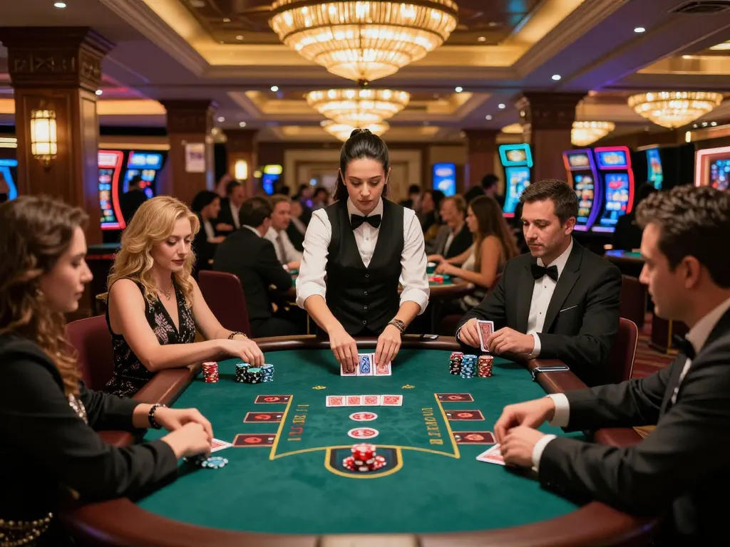 fly88mb players enjoying strategic gameplay at a vibrant blackjack table in a luxurious casino.