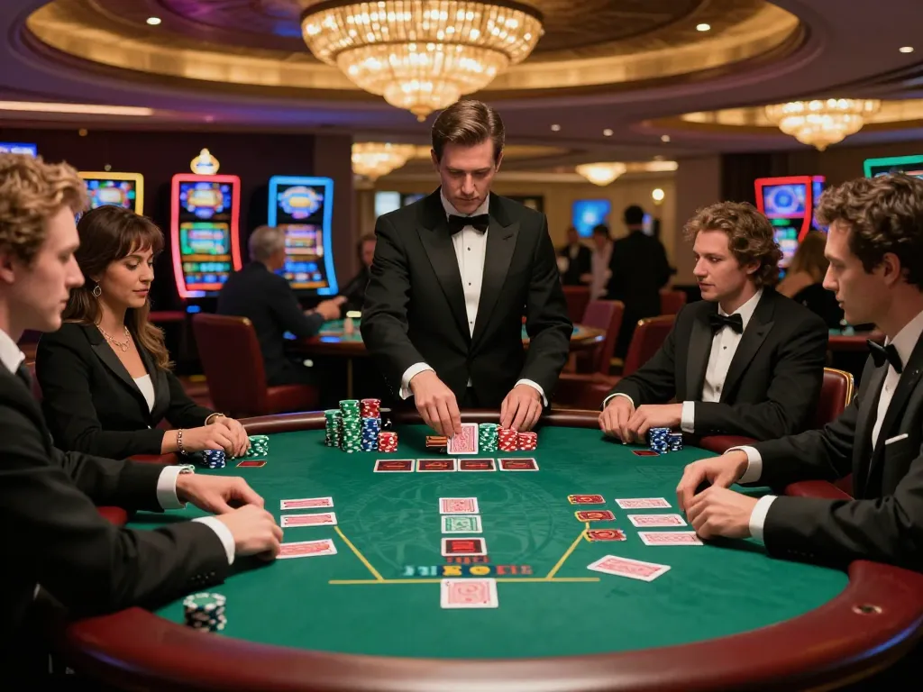 Players engaged in dynamic blackjack gameplay at a luxury casino showcasing HM88 premium cards and chips.