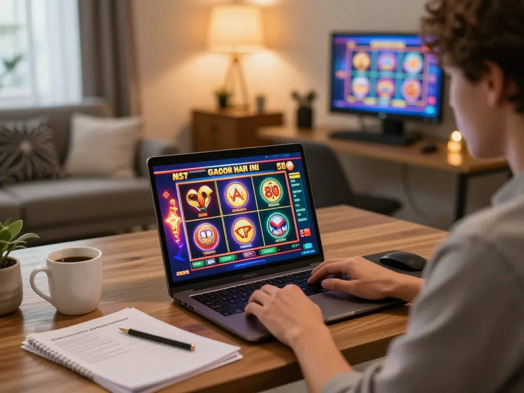 Engaging with slot gacor hari ini options while strategizing in a cozy online gaming room.