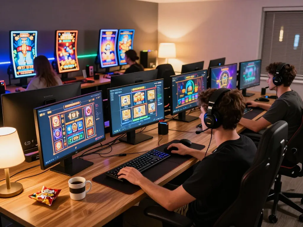 Engaged player enjoying Slot88 online gaming with vibrant slots displayed on multiple screens.