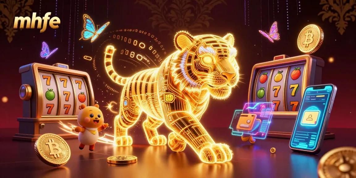 The mhfe casino environment showcases a golden tiger and butterfly companions in an electrifying digital landscape.