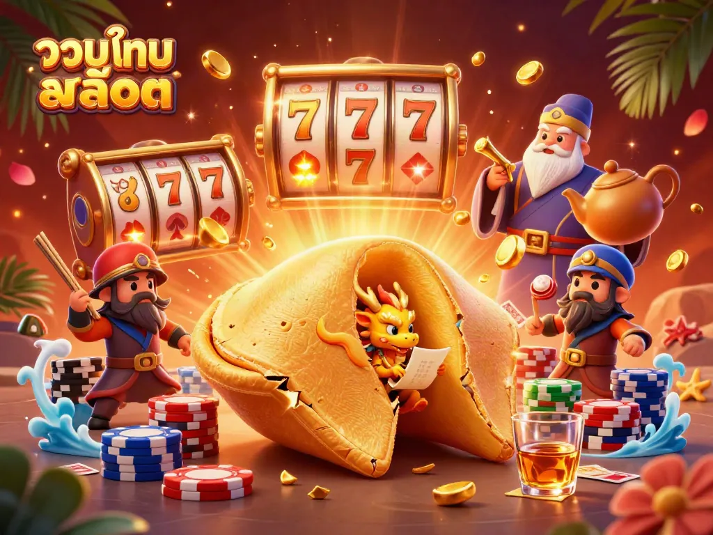 Engage with รวมเกมสล็อต as the golden fortune cookie reveals fortunes amidst vibrant slots and card games.