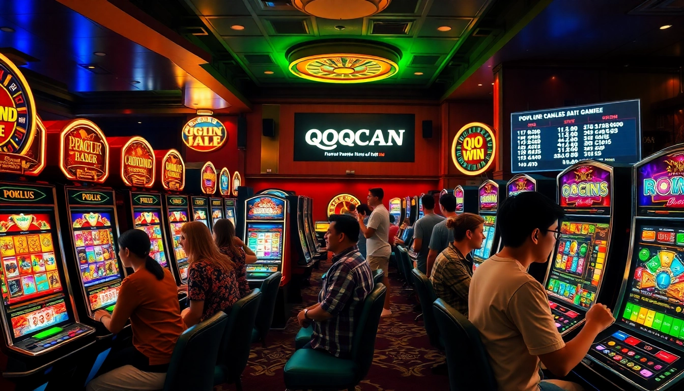 Experience the excitement of gambling at QQMACAN with diverse players enjoying vibrant slot machines.