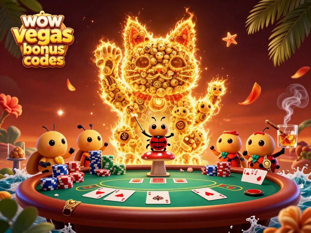 Win big with WOW Vegas bonus codes in an exciting casino illustration featuring dynamic elements.