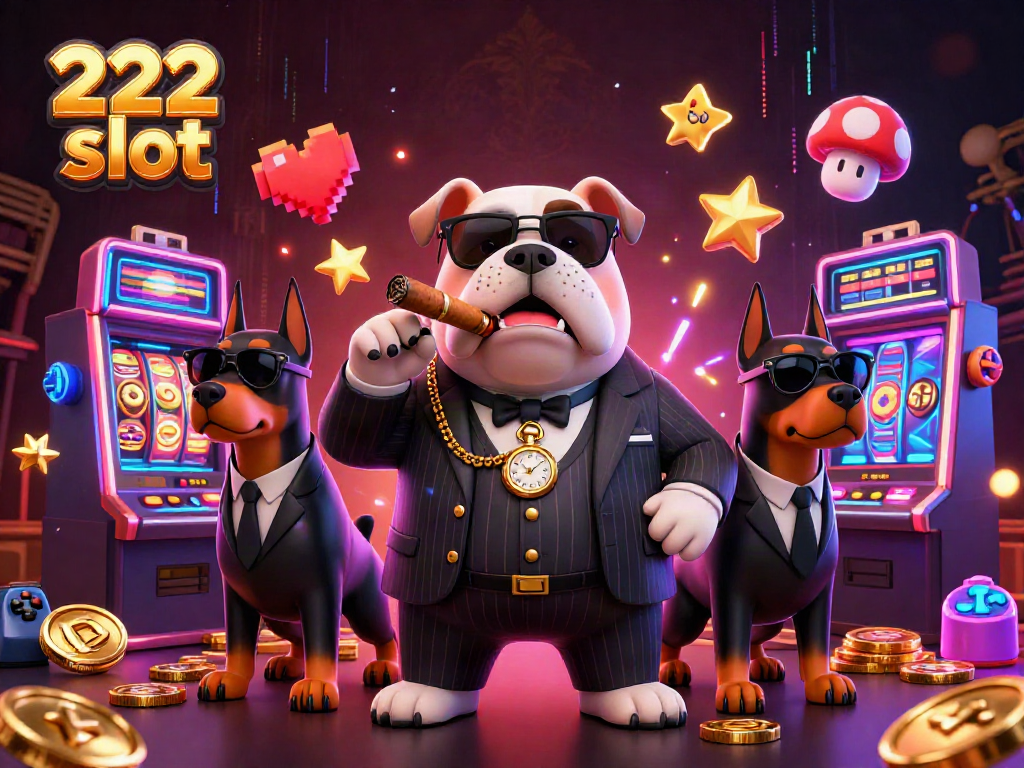 Gambarkan 222 slot dengan mesin slot 3D cerah dan karakter mafia kartun di latar belakang.