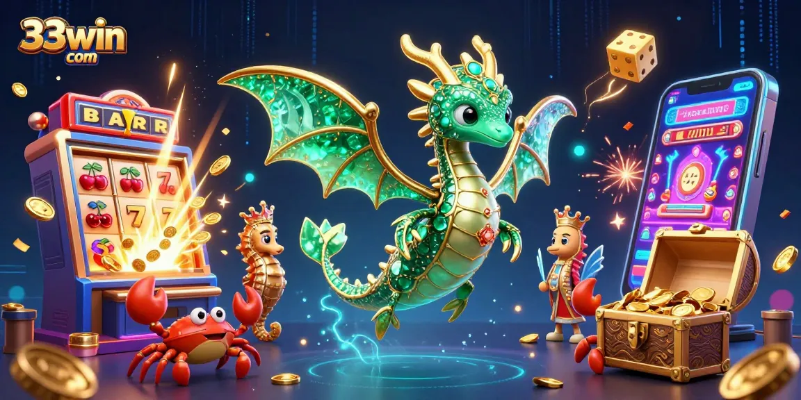 Engage with 33win com in a vibrant casino scene featuring a magical sea dragon and jackpot elements.