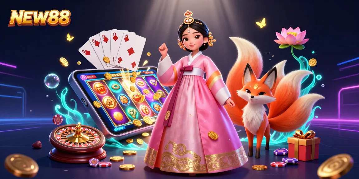 Engage in thrilling gaming experiences at NEW88 with a vibrant casino scene full of dynamic slots, cards, and lucky charms.