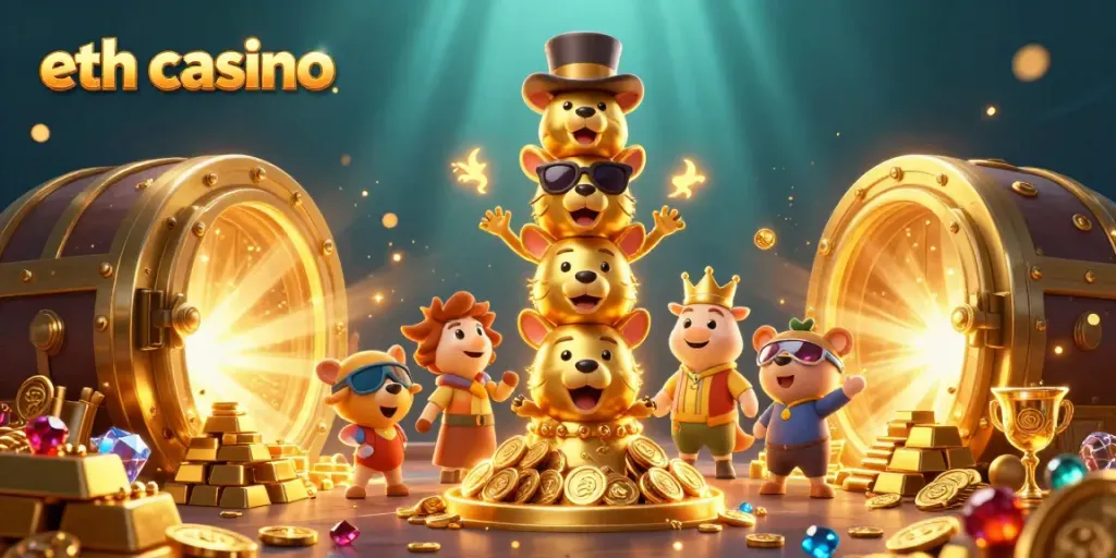 Experience the thrill of eth casino with a vibrant 3D illustration featuring a golden totem surrounded by treasures.